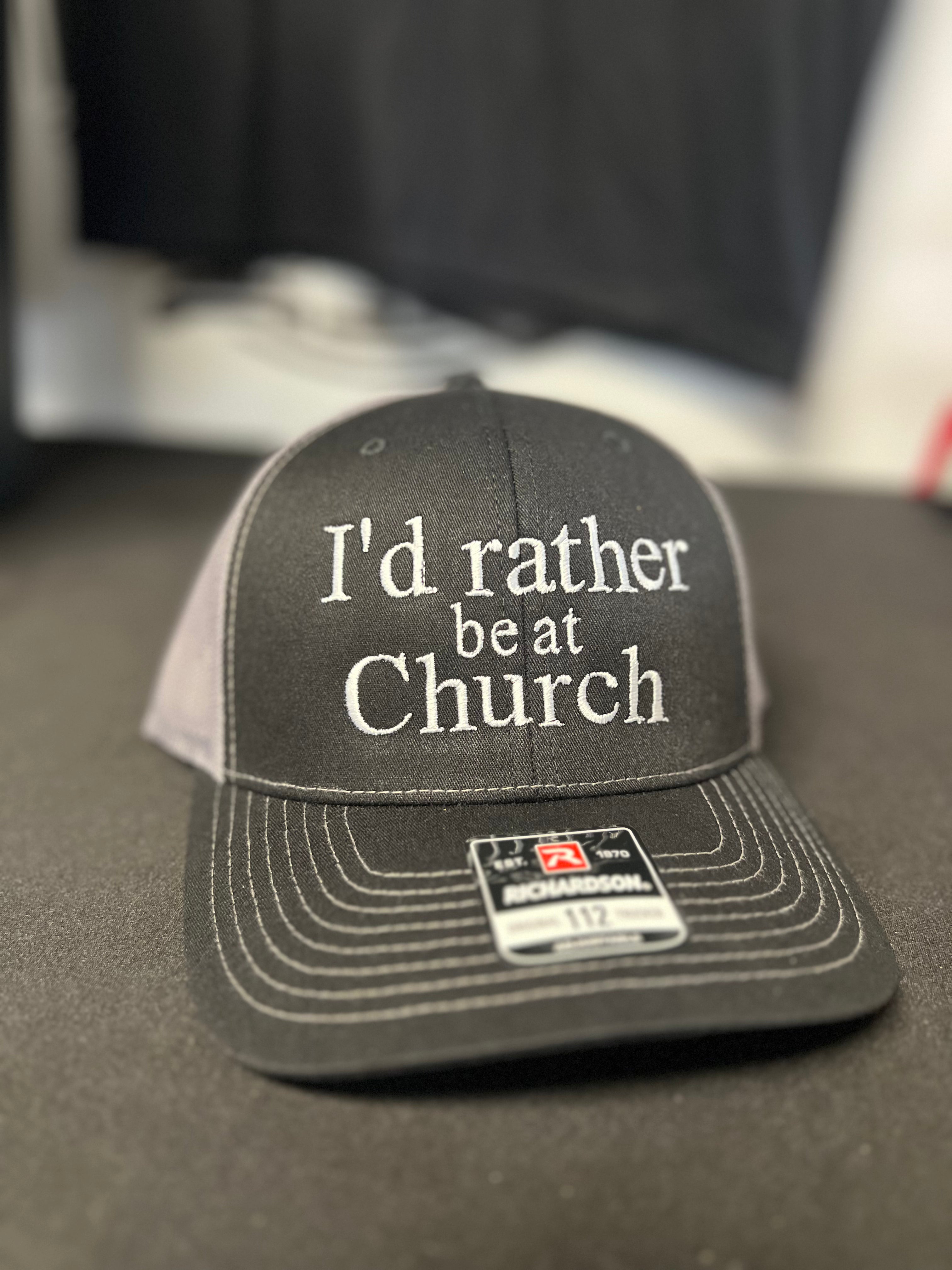 I'd Rather Be At Church Richardson 112 trucker hat black and gray