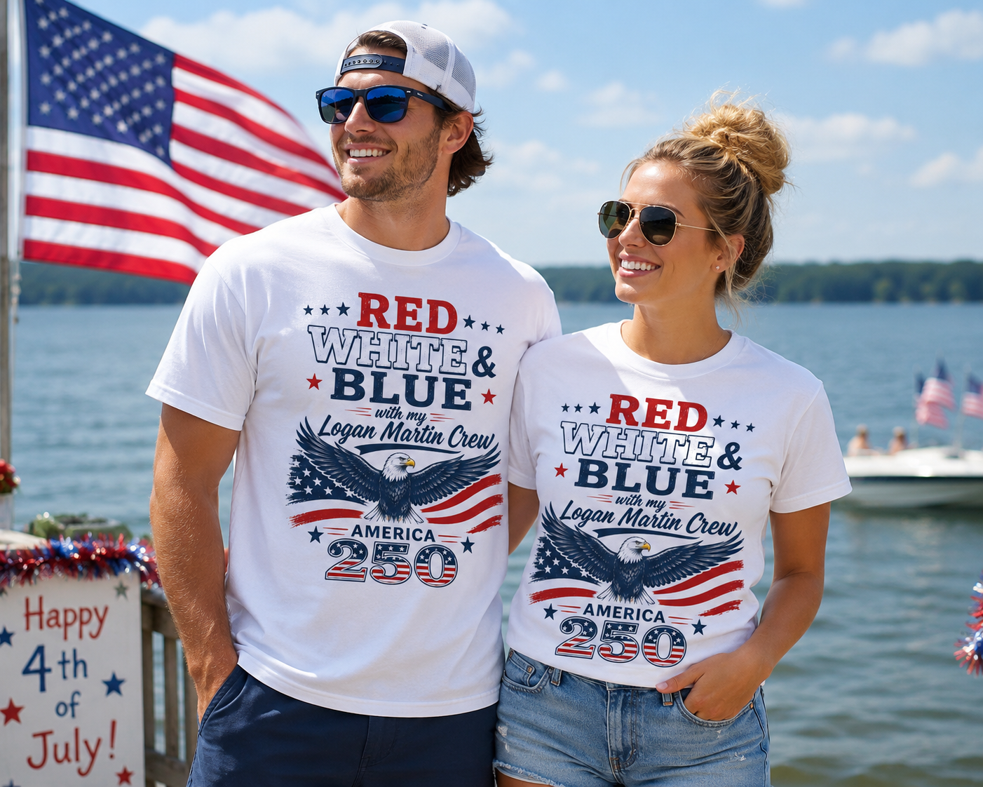 Red White & Blue with my Logan Martin Crew. America 250 4th of July short sleeve white t-shirt