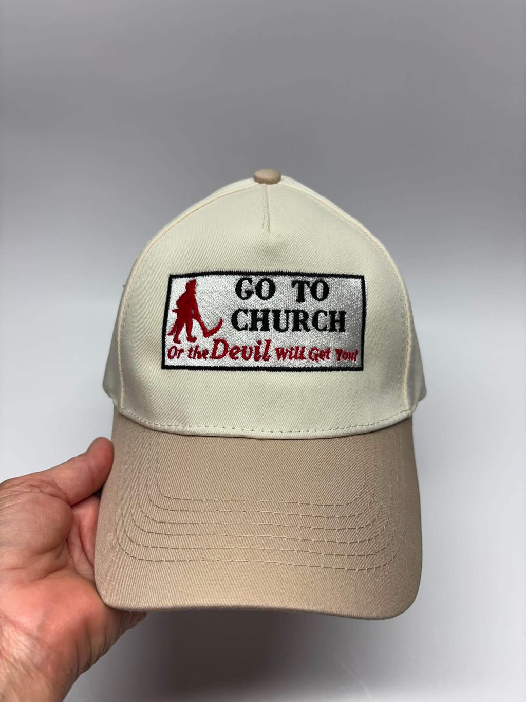 “Go to church or the devil will get you” - trucker style hat