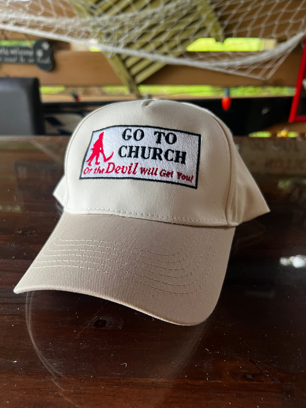“Go to church or the devil will get you” - trucker style hat