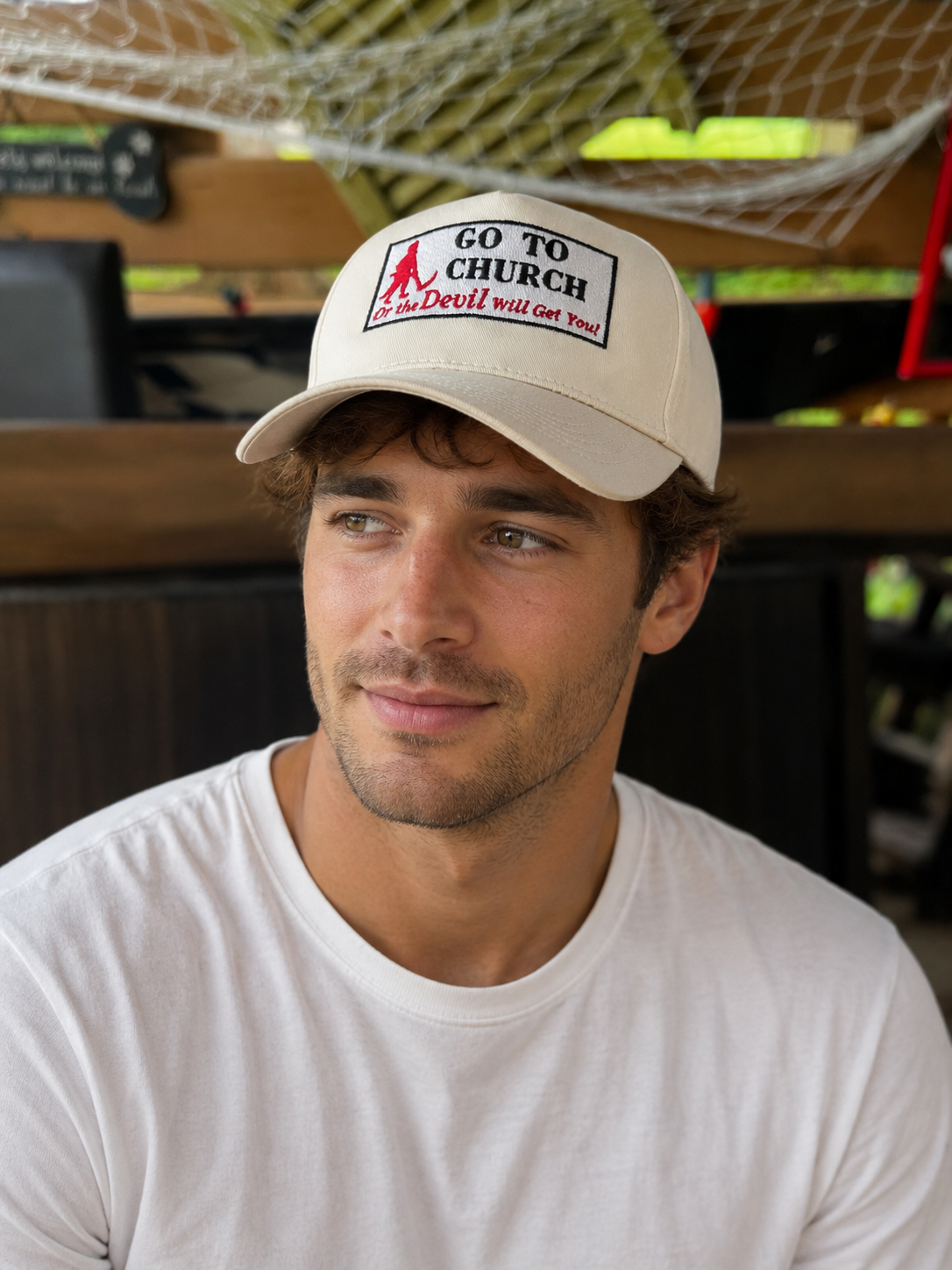 “Go to church or the devil will get you” - trucker style hat