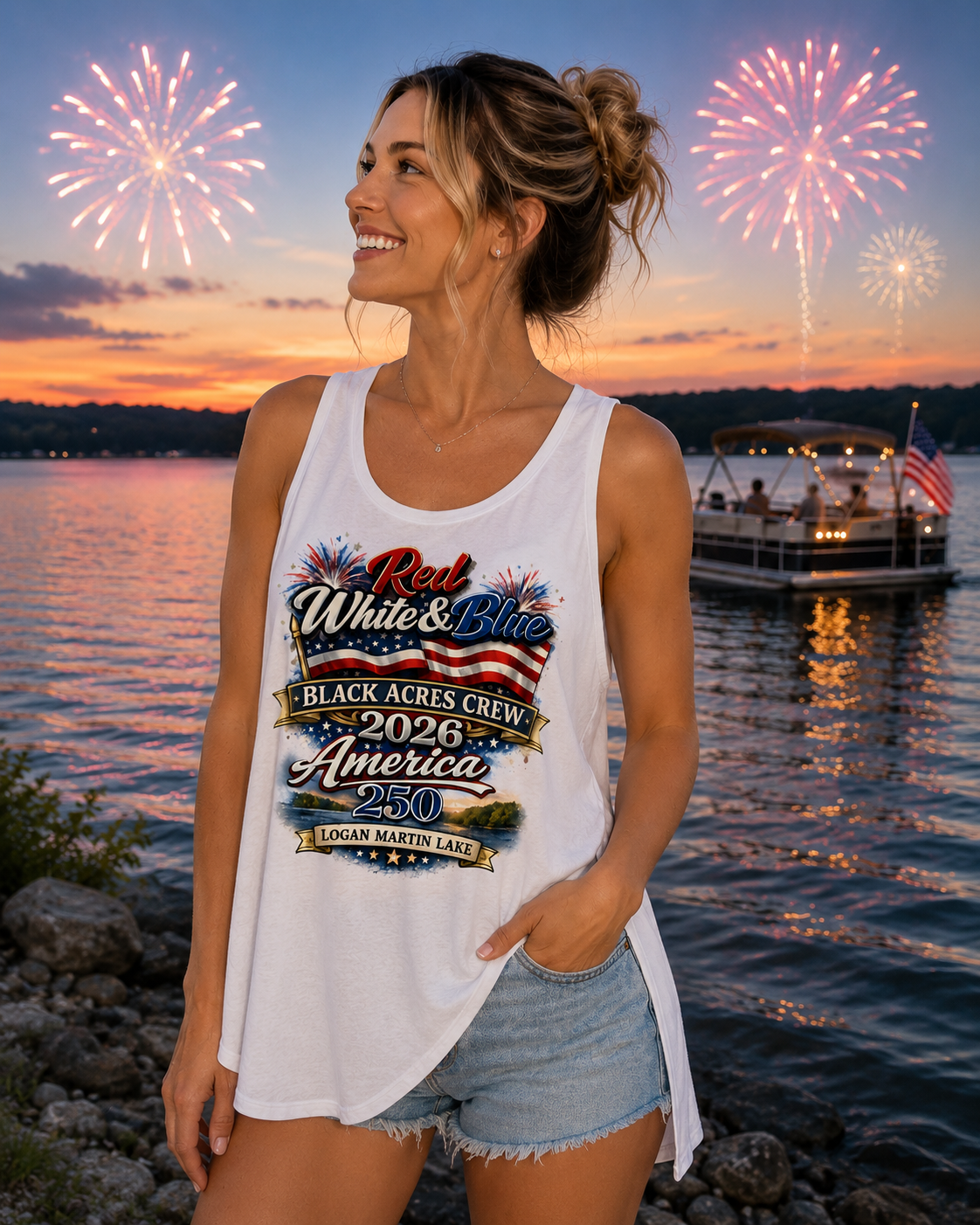 Black Acres Crew - Red White & Blue with Black Acres Crew white ladies flowy tank