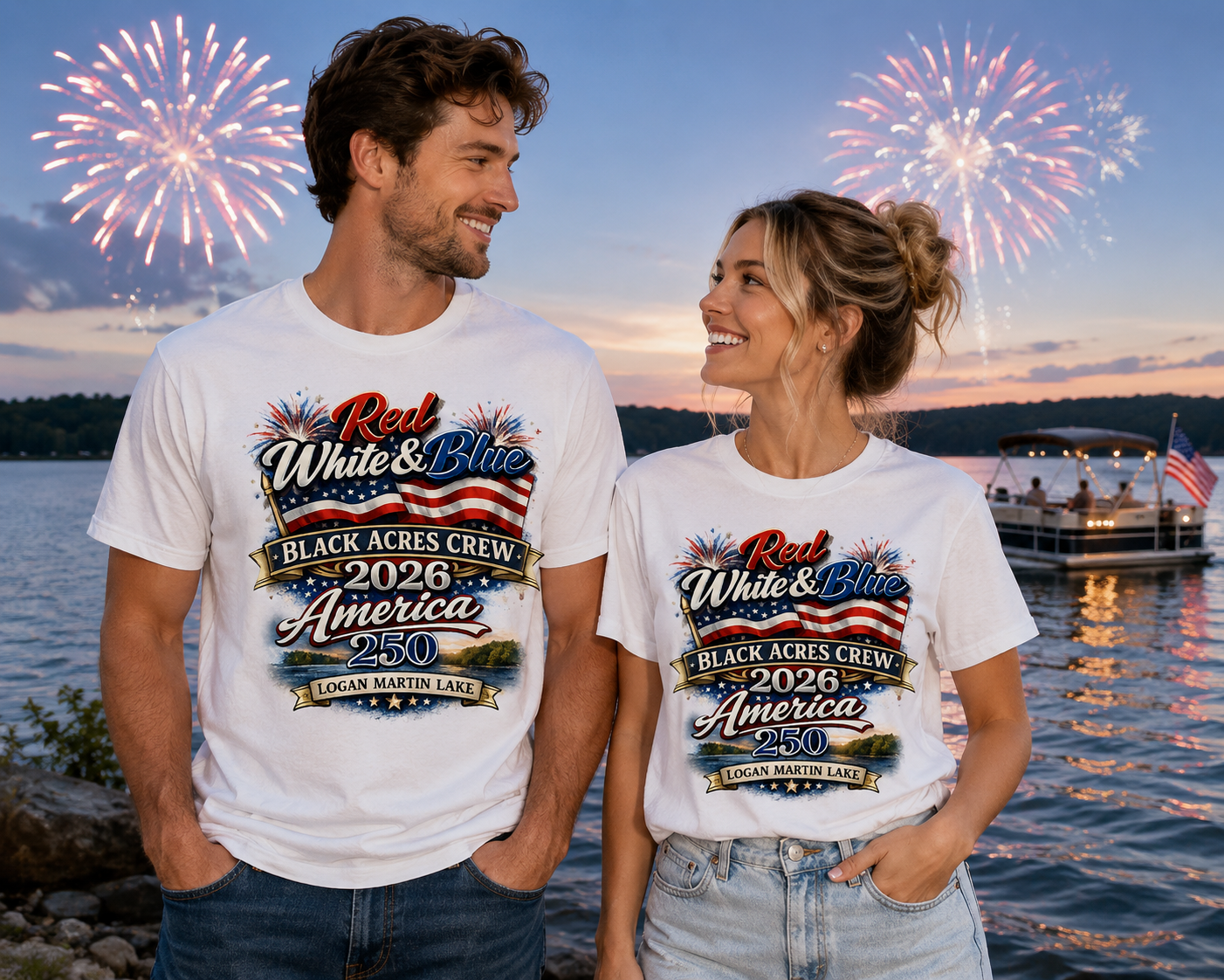 Red White & Blue with Black Acres Crew short sleeve white tshirt