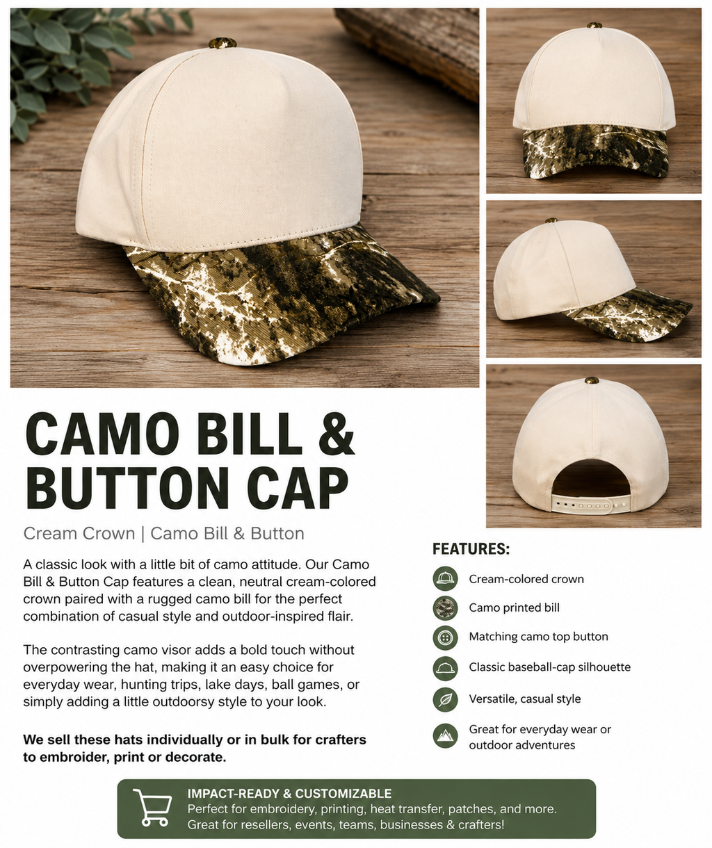 Camo Hat, snapback with matching bill and button