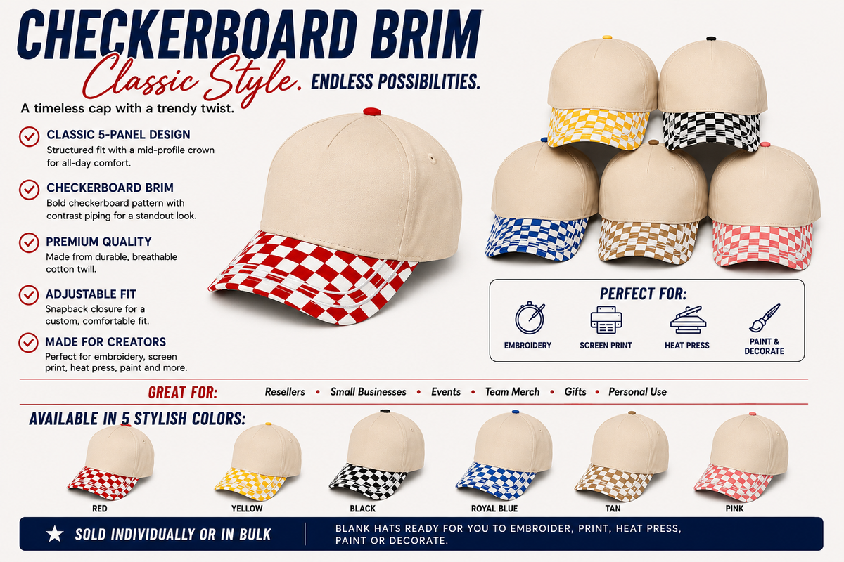 Checkered Hats with cream crown and matching bill/button