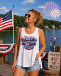 "CLEAR CREEK CREW RED WHITE BLUE 250" 4TH OF JULY ladies white flowy TANK TOP