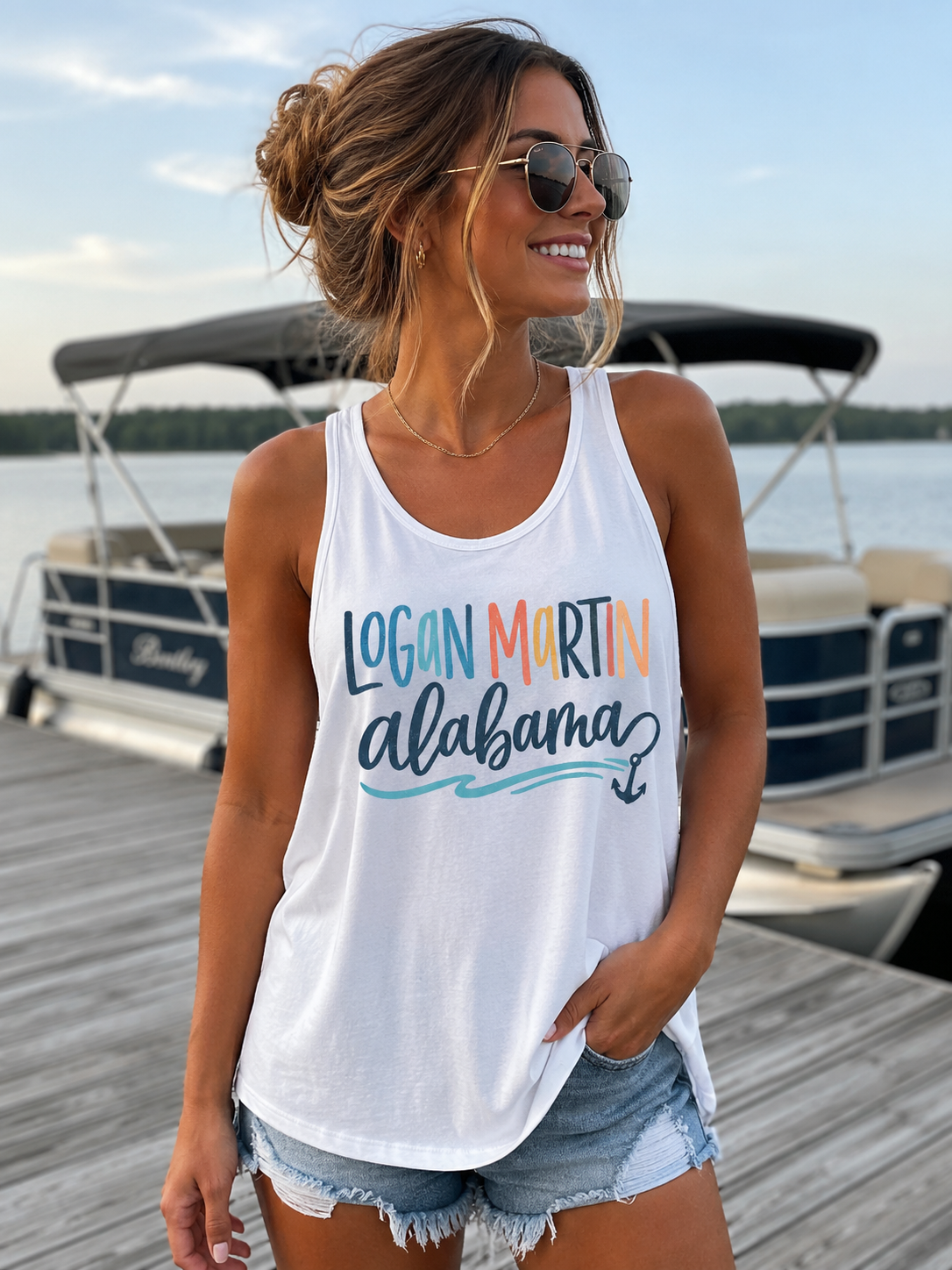 Logan Martin Alabama ladies white flowy tank top with side slit