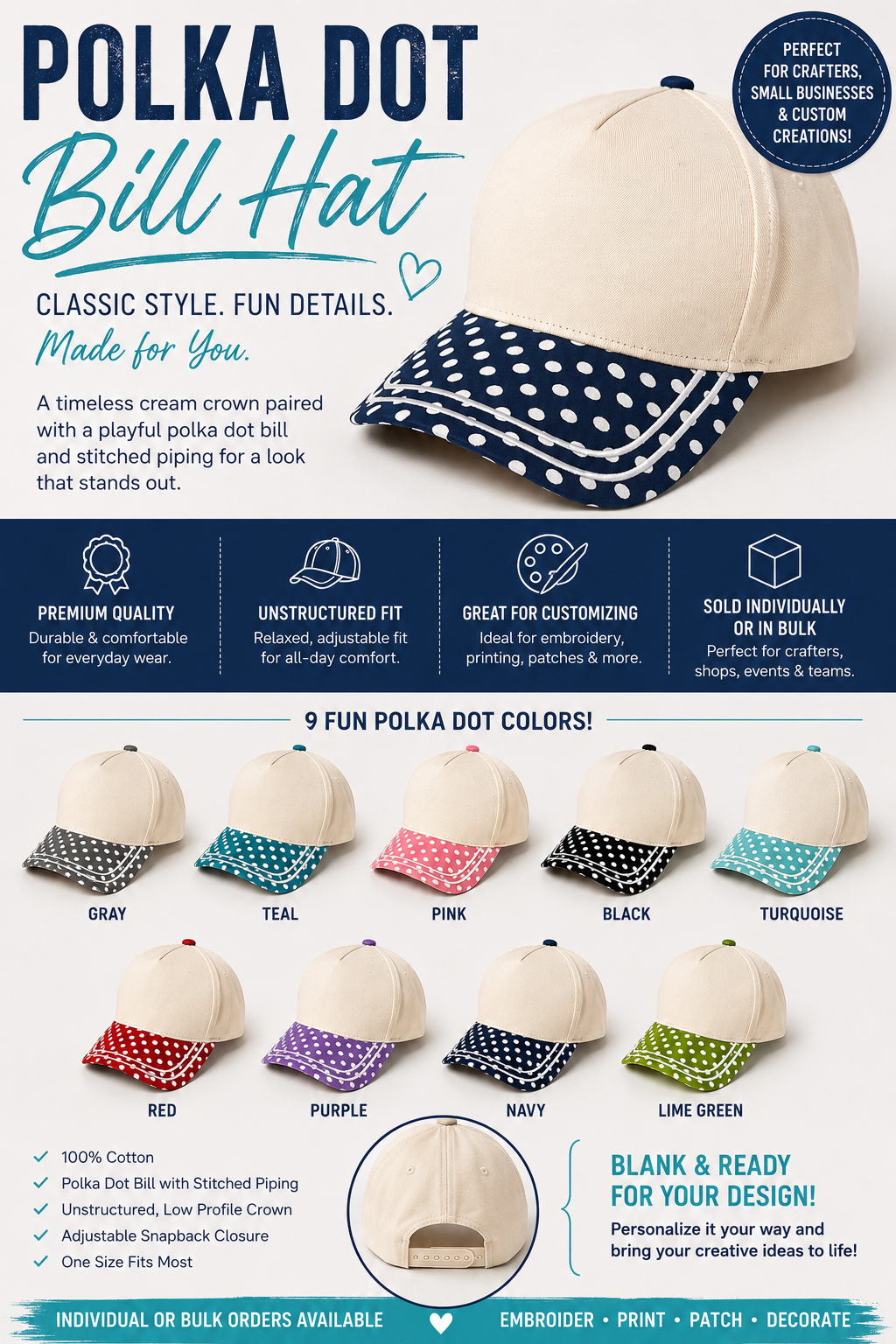 Polka Dot cream and color snapback adjustable fit cotton hats