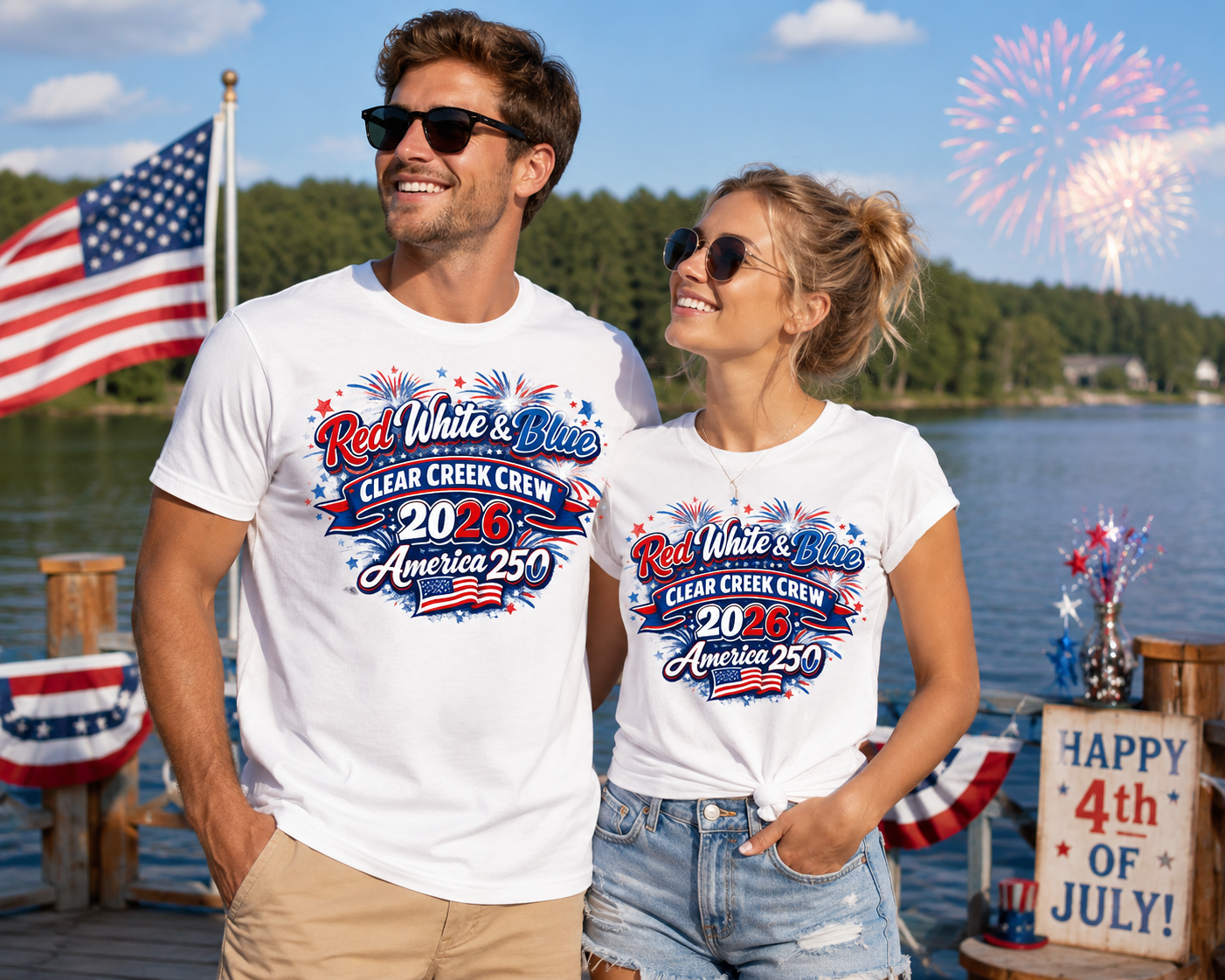 "CLEAR CREEK CREW RED WHITE BLUE 250" 4TH OF JULY SHIRT - WHITE SHIRT