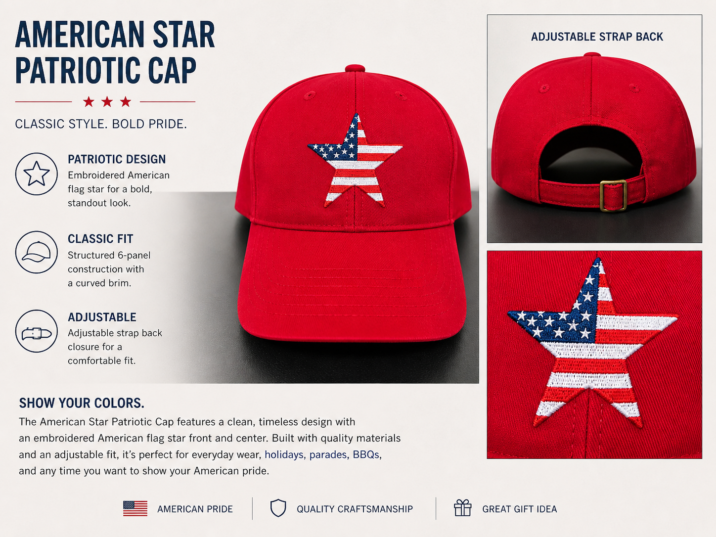 American Flag Star Hat Red, White or Blue