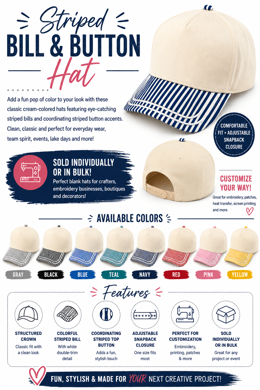 Striped Hats with Cream Crown, Matching Bill and Button, Adjustable